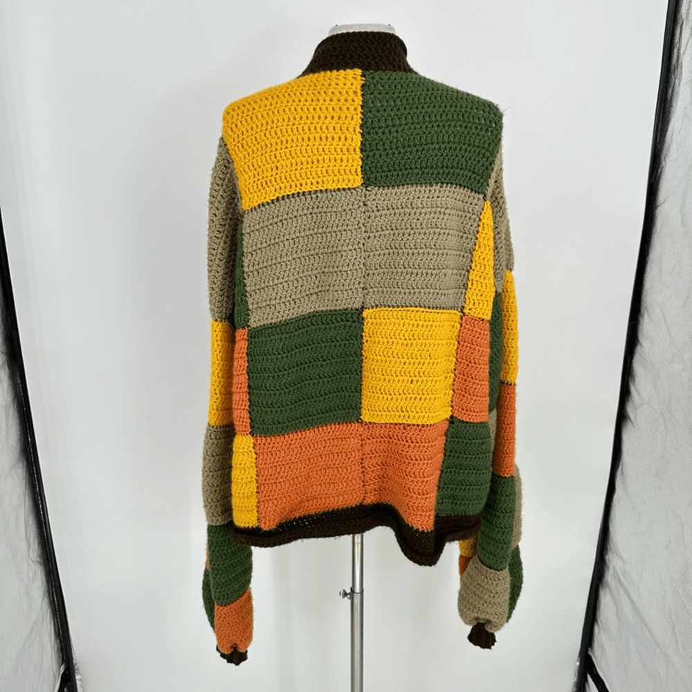 90s Hippie Hand Knit Cardigan Sweater Womens L Harry Styles Pattern Patchwork - Picture 4 of 10